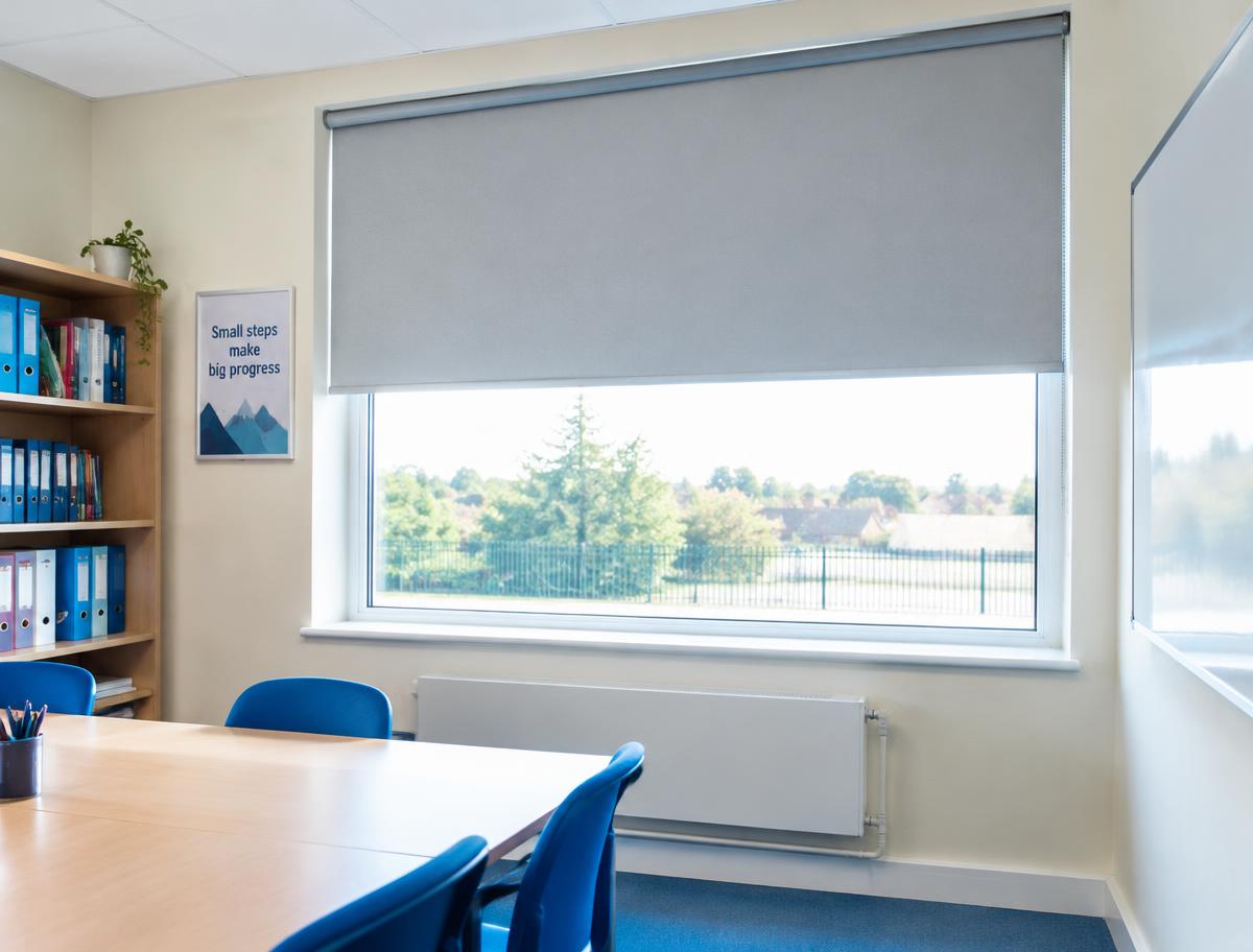 Roller blind fitted in a classroom window