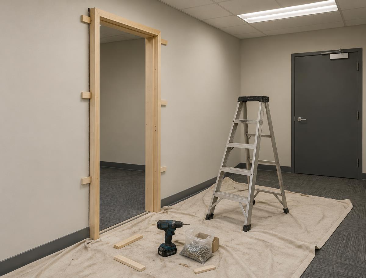 Timber door lining being fitted in an office