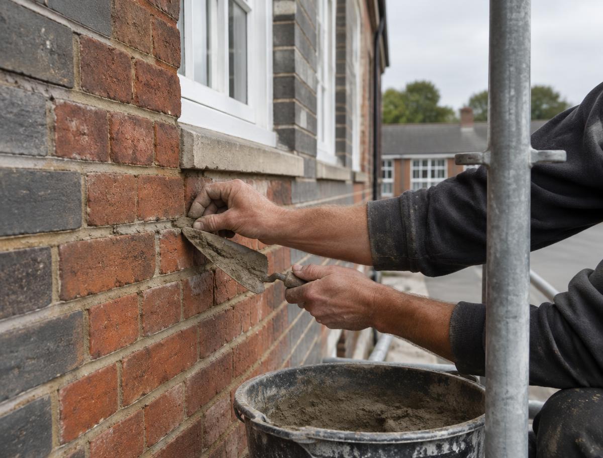 Brickwork repointed on an external wall from scaffolding