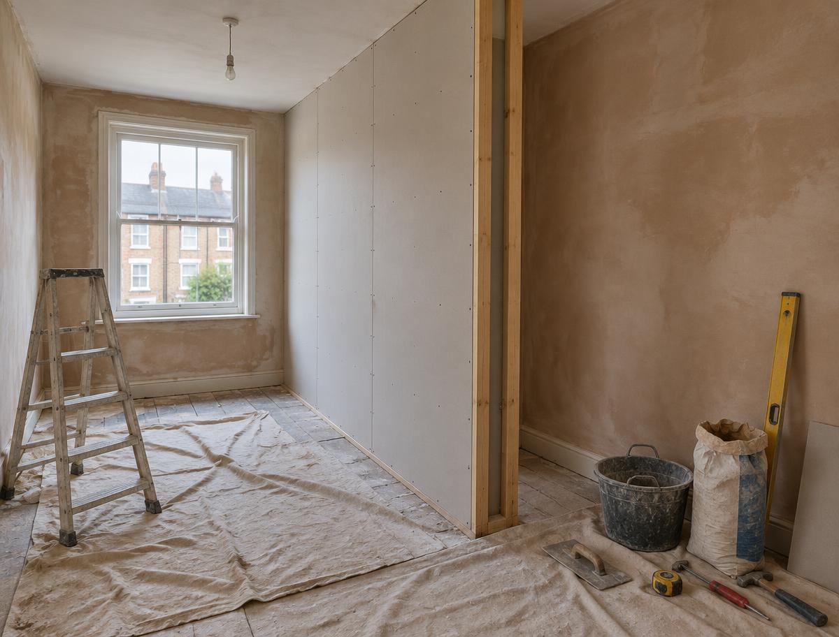 Plasterboard partition being erected in a home under renovation