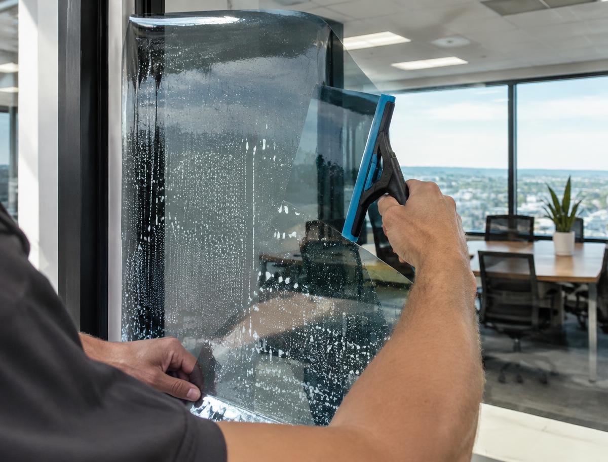 Window film being applied to office glazing
