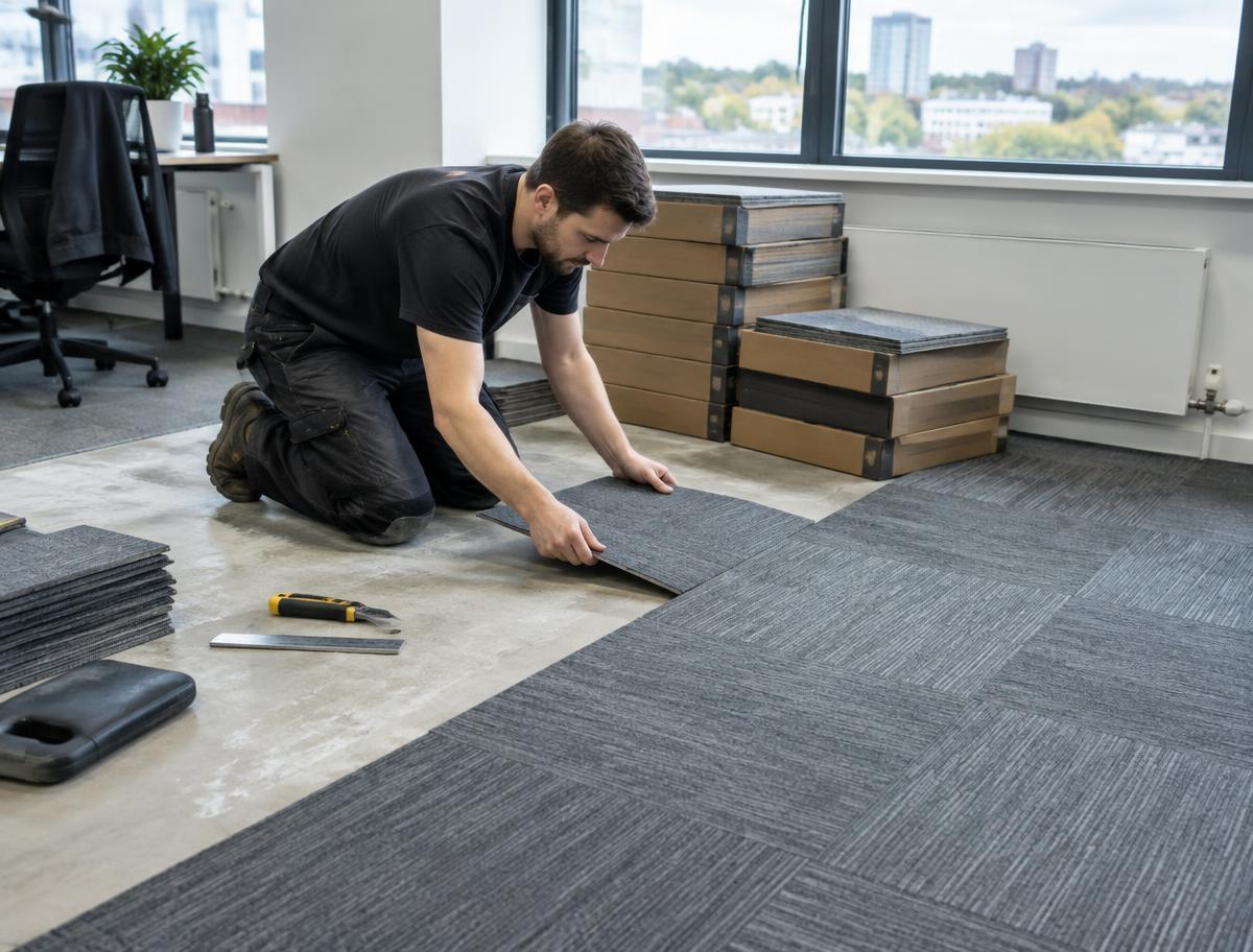 Carpet tiles being laid in a UK office