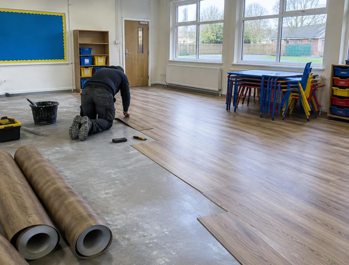 Vinyl flooring being fitted in a school classroom during the holidays